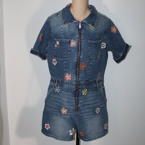 NWT Driftwood Denim Embroidered Romper Jumpsuit Zip Front L - Picture 2 of 6
